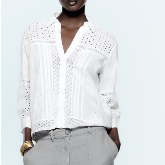 NEW Zara Black Openwork Embroidered Eyelet Blouse Shirt XS - Picture 1 of 7